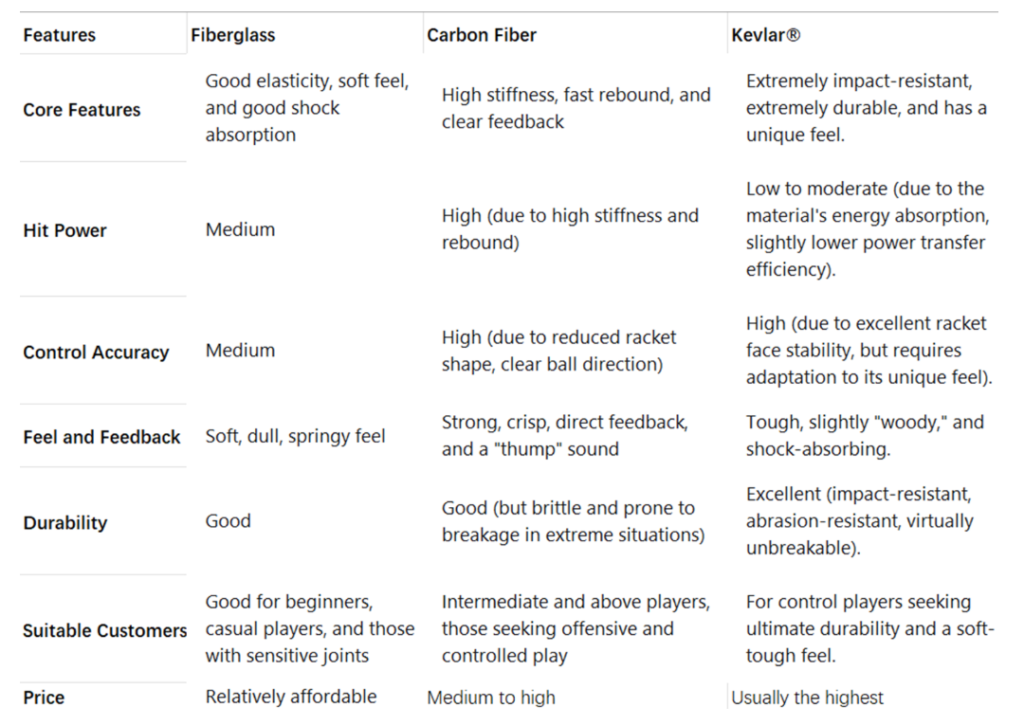 Performance differences between three types of pickleball racket ...